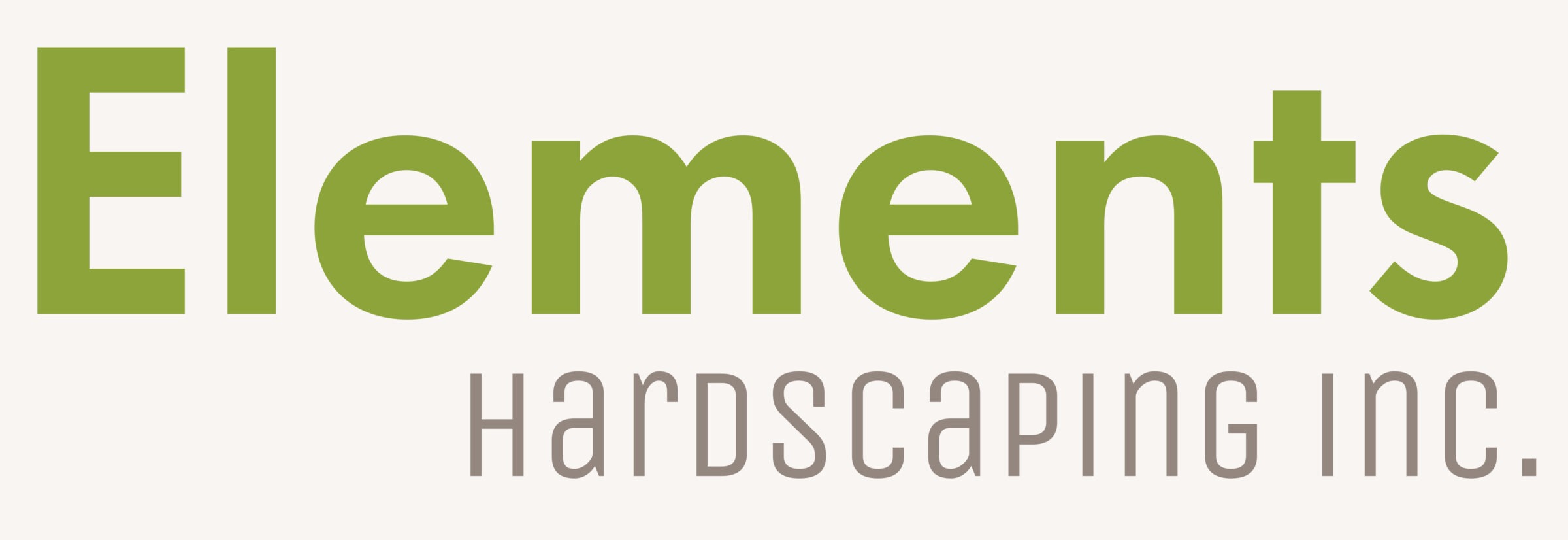 The image features a company logo with the text "Elements Hardscaping inc." in green and gray sans-serif fonts on a white background.