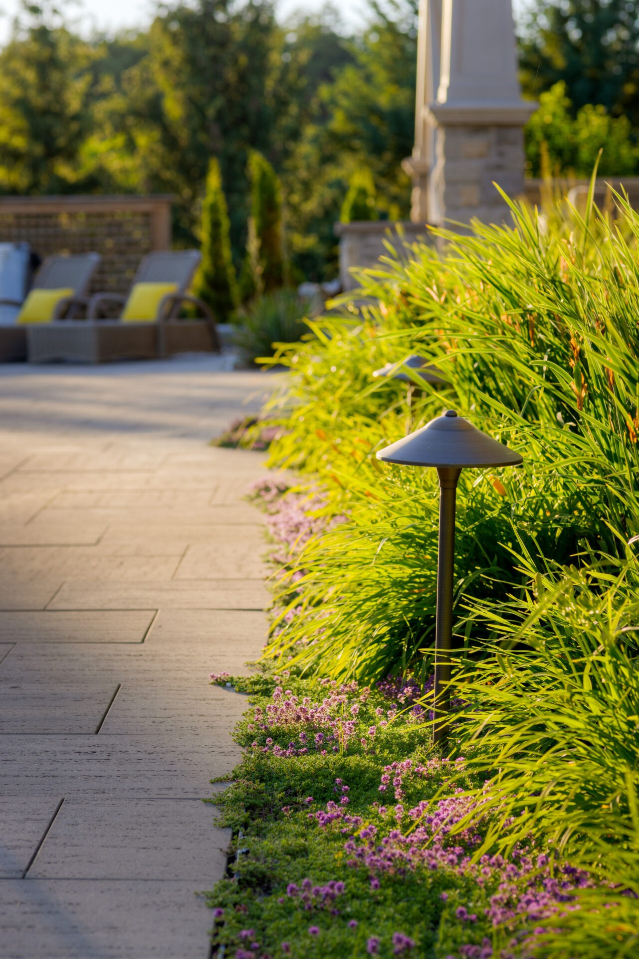 A peaceful garden path lined with lush greenery, ornamental grasses, and purple flowers, featuring a pathway light and distant outdoor lounge chairs.