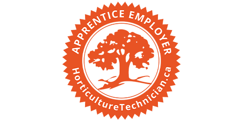 This image features an orange emblem with a tree in the center, encircled by the words "Apprentice Employer HorticultureTechnician.ca" against a green background.