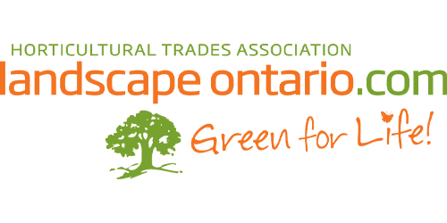The image is a logo for Landscape Ontario, featuring text "Horticultural Trades Association" and "landscapeontario.com" with a slogan "Green for Life!" and a tree graphic.