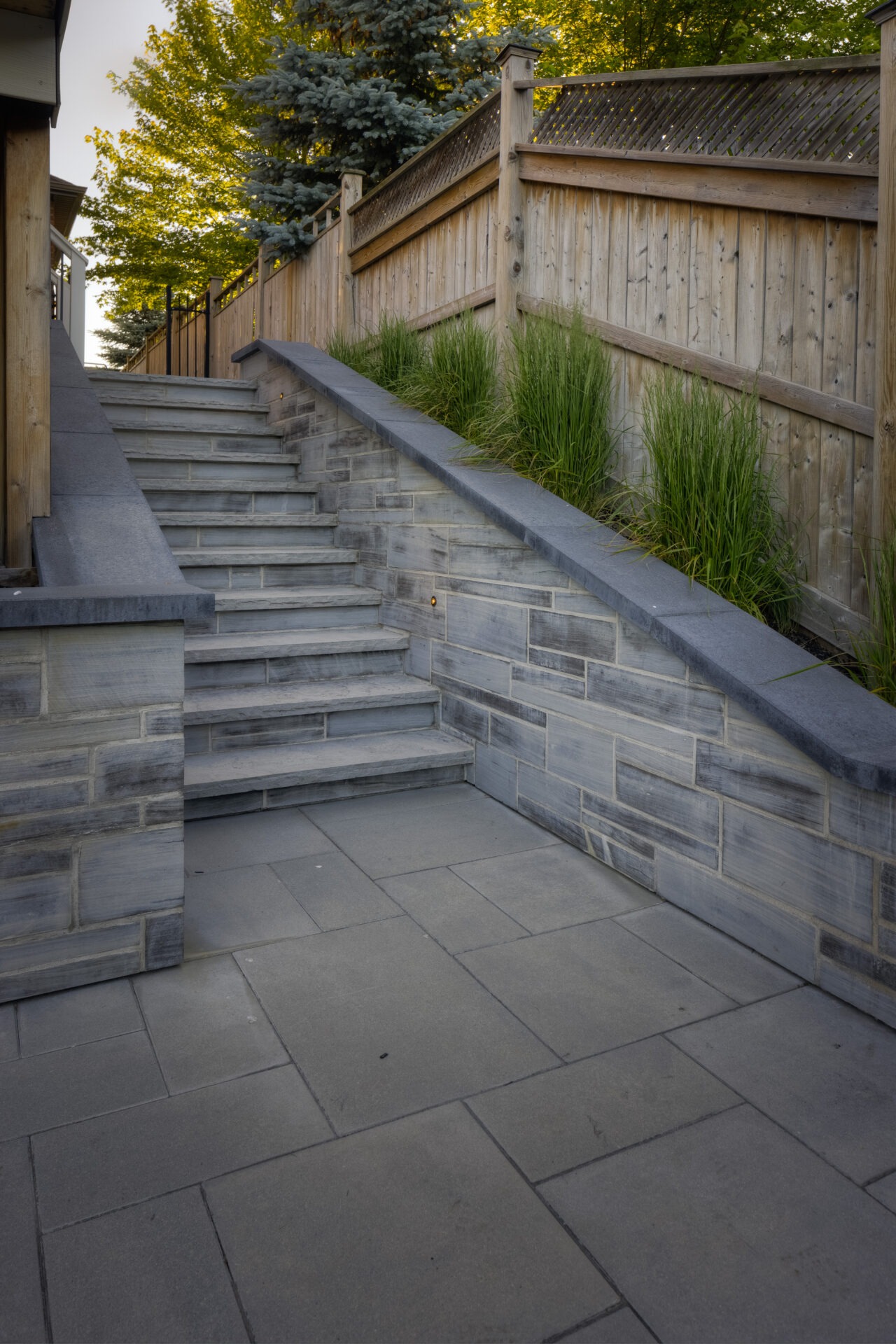 An outdoor staircase with gray stone steps framed by a wooden fence and tall grasses, leading to a garden area with trees.