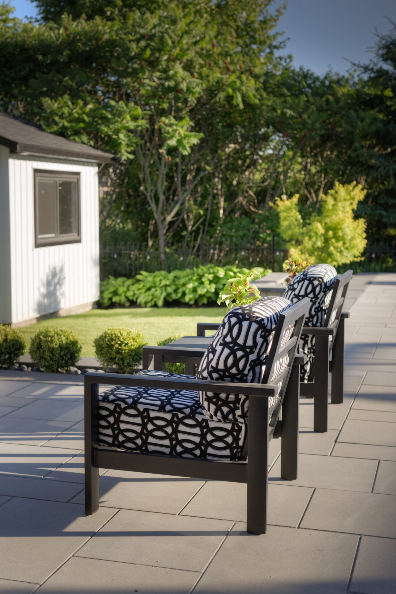 This image shows a line of stylish outdoor chairs with patterned cushions on a paved patio, surrounded by lush green vegetation and a white shed.