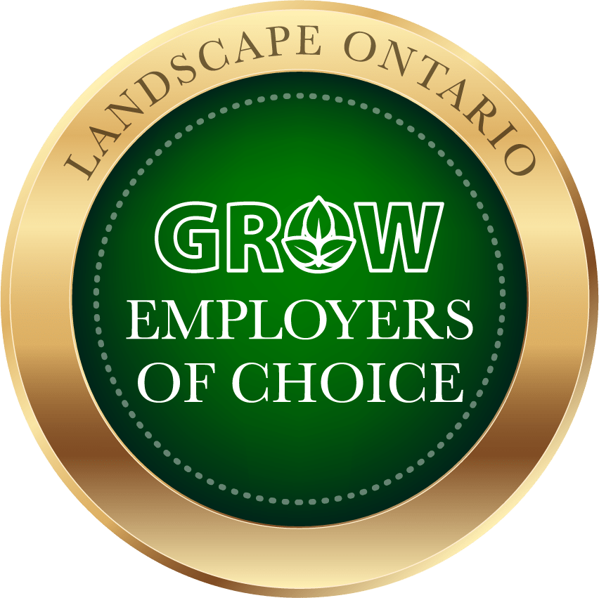 This is an emblem with a green and gold color scheme, featuring the text "Landscape Ontario GROW Employers of Choice" and a leaf symbol.