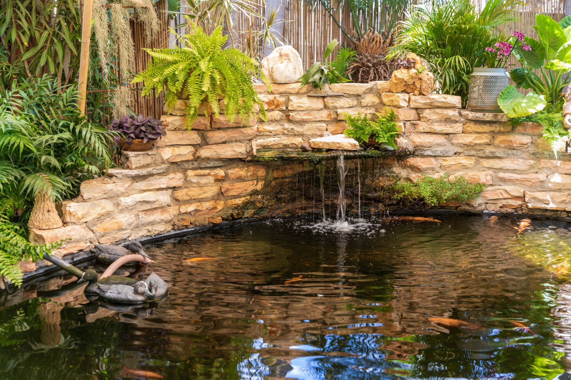Decorative waterfall in pond